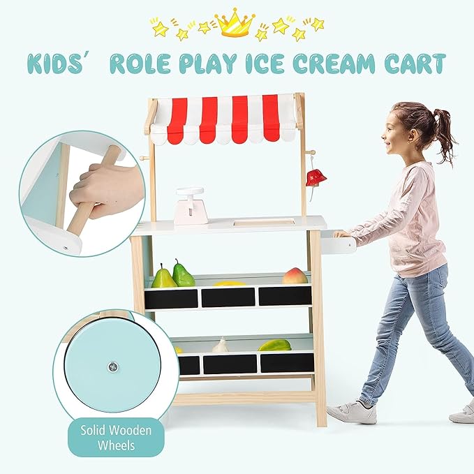 Fireflowery Kids Grocery Store Pretend Play, Wooden Ice Cream Cart w/ 6 Pieces Play Food, Bell, Scale, Toy Grocery Store Playset, Play Store for Kids, Toddlers, Boys, Girls Age 3+