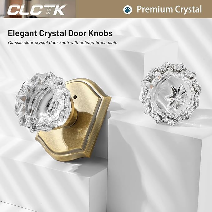 Glass Door Knobs Interior, Vintage Style Privacy Crystal Door Knobs with Lock, Antique Brass Door Knobs for Bedroom Bathroom, Push Pin Button Inside Lock, 1 Pack