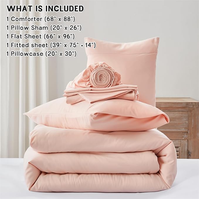 Anluoer Pink Twin Comforter Set 5 Pieces, Bed in a Bag with Sheets, All Season Bedding Sets with 1 Comforter, 1 Pillow Sham, 1 Pillowcase, 1 Flat Sheet, 1 Fitted Sheet