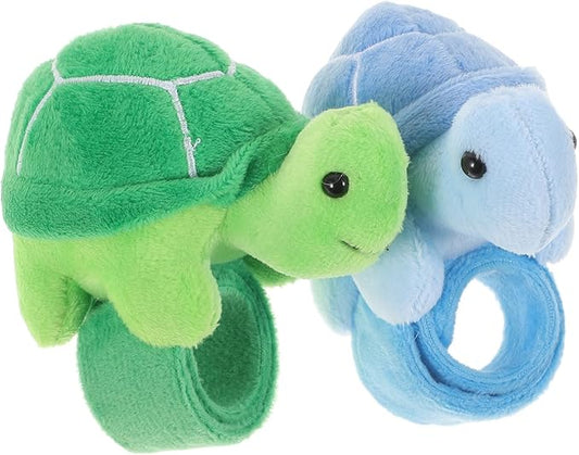 LOGOFUN 2Pcs Turtle Slap Bracelet Plush Turtle Stuffed Animal Hug Slap Bracelet Birthday Party Favor for Kids (Green + Blue)