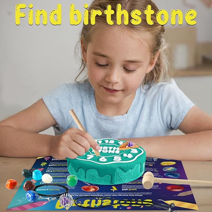 Gamerside Gemstone Dig Kit, Dig Up 12 Genuine Birthstone, Rocks and Minerals, Birthday Cake Gem Digging Kit for Kids Age 6 7 8 9 10 11 12, Science Kit Birthday Gifts Toys for Boys and Girls