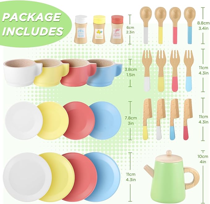 GAGAKU Wooden Tea Set and Wooden Play Dishes 2 in 1 Play Food Set Toy 28 PCS Montessori Wooden Play Kitchen Accessories Kitchen Toy for Toddlers Wooden Play Cooking Set for 3-8 Years Girls and Boys
