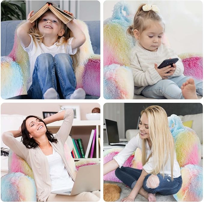 Faux Fur Backrest Pillow for Kids, Teen Reading Pillow with Arms, Fluffy Back Support Pillow for Sitting Up in Bed/Couch, Bed Wedge Pillow for Girls, Reading & Bed Rest Pillows (Pink)