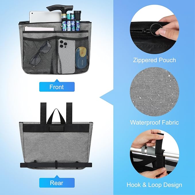 supregear Wheelchair Carry Bag - Accessories Pouch for Rollator, Walkers, Power Wheel Chairs and Knee Scooters - Side Armrest Storage Organizer for Elderly Seniors - Lightweight Portable Travel Tote