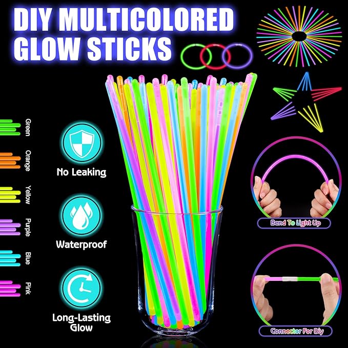 196PCS Glow in the Dark Party Supplies, Light Up Party Favors with 24 LED Glasses, 24 Fiber Optic Wands, 8 Hairbands, 40 Finger Lights,100 Glow Sticks for Kids Adults Neon Party Decorations