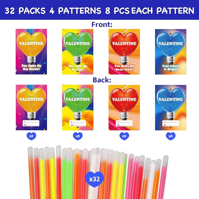 32 Pack Valentines Day Gifts For Kids,Valentines Glow Sticks Bracelets with Valentines Cards Valentines Day Gifts for Kids School Classroom Exchange Valentine's Day Party Favors Supplies