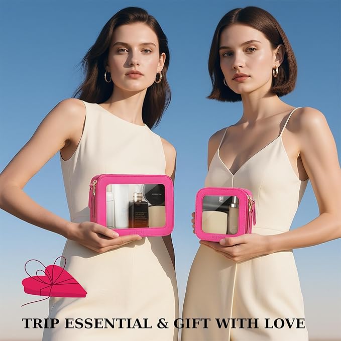 MSTONAL Clear Makeup Bag, Travel Toiletry Bag Cosmetic Case for Women, Waterproof Portable Make Up Skincare Pouch with Zipper, Compact Car Organizer Bag for Essentials, Mini & Medium, Hot Pink