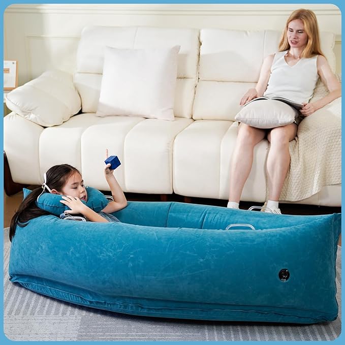 Bmag Sensory Chair for Kids, Inflatable Peapod Canoe with Neck Pillow, 60" Sensory Pod Seating ADHD Toy Gift for Autistic Children, Includes Electric Air Pump, Blue