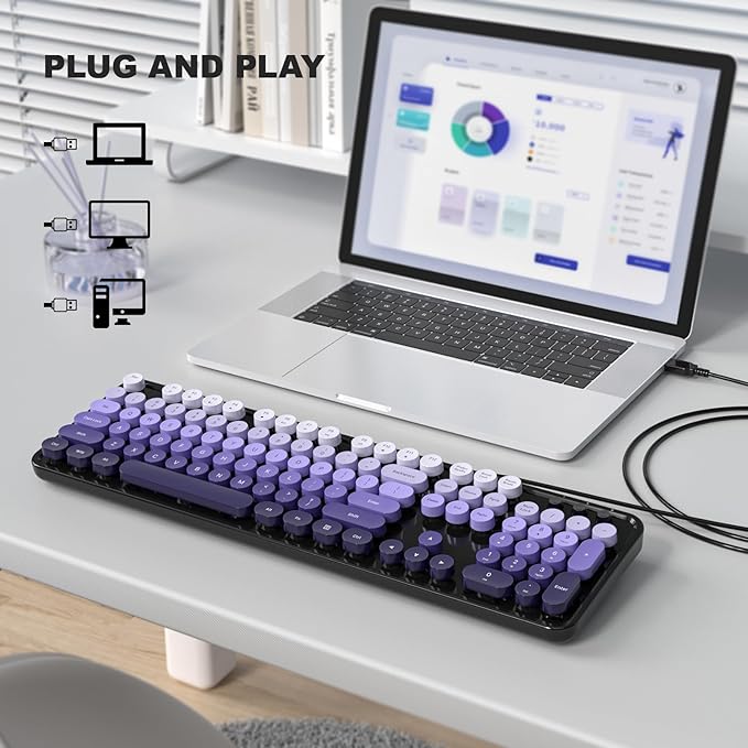 MOFII Computer Keyboards Wired, Plug Play USB Full Size Typewriter Keyboard, Cute Colorful Aesthetic Keyboard with Foldable Stands for Windows PC Laptop (Black Purple)