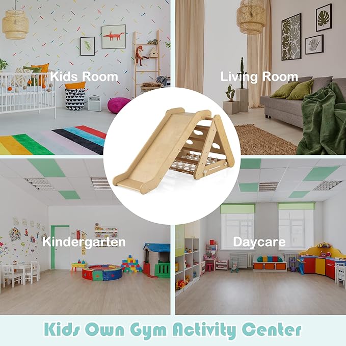 HONEY JOY 4-in-1 Triangle Climber with Ramp, 3-Side Kids Climbing Triangle Ladder with Net Rope & Bars, Wooden Montessori Climbing Toys for Toddlers Daycare, Gym & Playground, Gift for Boys Girls