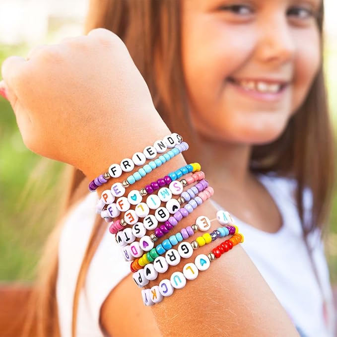 Lorfancy 12Pcs Kids Bracelets for Girls Letter Beads Bracelets Toddler Baby Cute Friendship Princess Stretchy Pretend Play Bracelet Costume Jewelry Accessories (A-12 pcs)