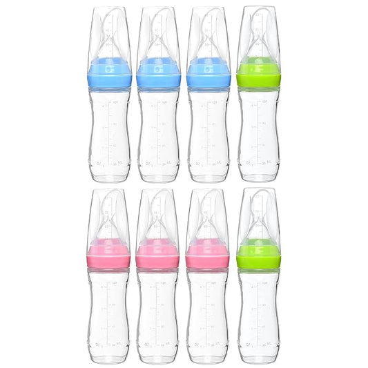 4 oz Silicone Baby Food Dispensing Spoon - 8 Pack - Great for 4+ Month Infants - Includes Stopper - Easy to Use and Mess-Free - Precise Food-Release Feeder-Great for Travel (Multicolored)