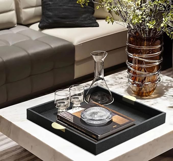HofferRuffer Faux Leather Decorative Serving Tray, Elegant Coffee Table Ottoman Tray, Breakfast, Drinks, Liquor Serving Platter, Black Shagreen Finish with Gold Hardware Handle (Square)