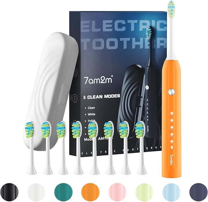 7AM2M Sonic Electric Toothbrush for Adults and Kids, with 8 Brush Heads and Travel Case,5 Modes with 2 Minutes Build in Smart Timer, One Charge Use for 90 Days, Rechargeable Toothbrushes (Orange)