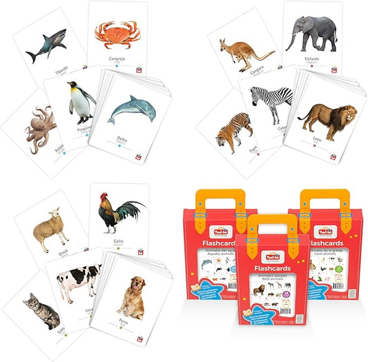 Tool-be Bilingual Animal Flash Cards, 3 Pack with 54 Real Photos of Farm, Aquatic, and Wild Animals, Spanish-English Educational Toys, Sight Words Flash Cards, Ages 6 Months to 6 Years