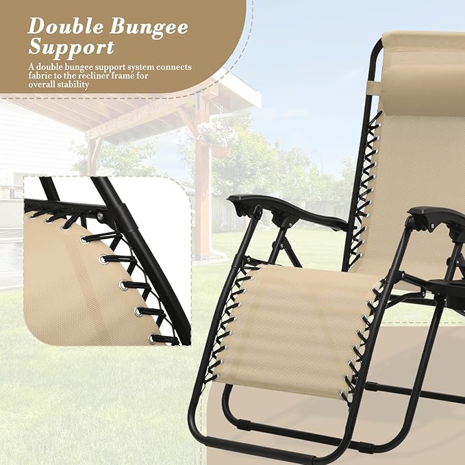 Athena Collection Zero Gravity Outdoor Lounge Chair Set of 2 with Side Table, 25" Width Pool Lounge Lawn Chairs Reclining with Cup Holder, Outdoor Chaise for Beach Patio Backyard Outside, Beige