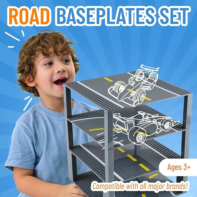 Strictly Briks Building Blocks Road Plates 10" x 10", 4 Pack City Road Classic Baseplates for Highway Bridge, Street, Race Track, Compatible with All Major Brands (2 Straight, 2 Curved, 30 Stackers)