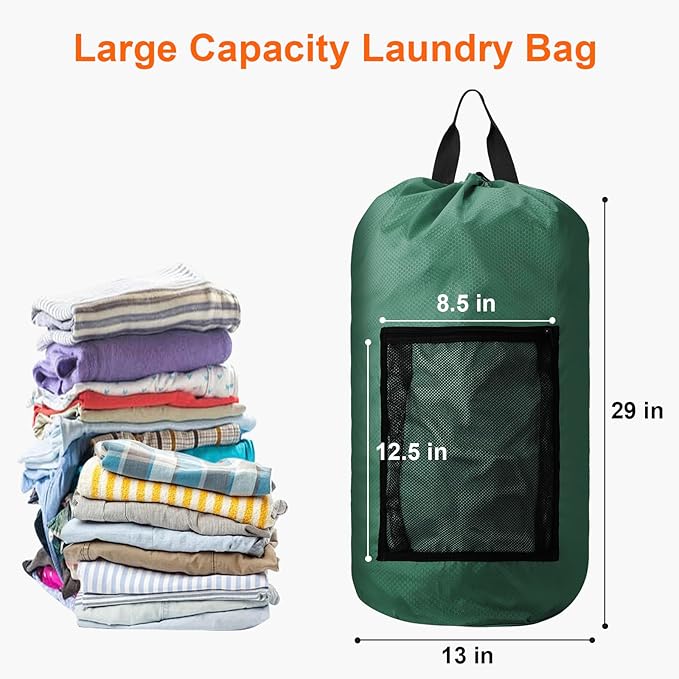 Femuar Laundry Bag Backpack Durable Laundry Bag with Shoulder Straps and Mesh Pockets Portable Laundry Dirty Clothes Hamper Bag for College Dorm (Green)