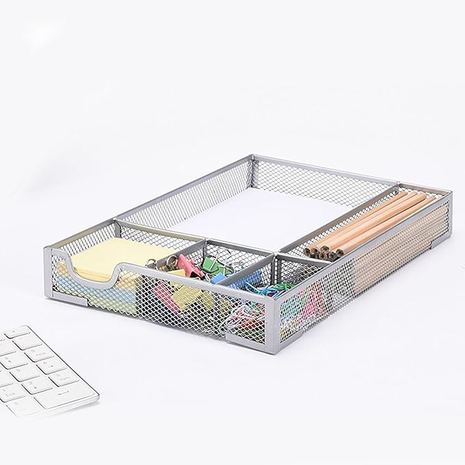 Aramox Desk Drawer Organizer Tray, 5 Compartment Metal Mesh Storage Tray Desktop Organizer with Non Slip Rubber Pads for Office & Home, 31.5x21.5x4.5cm (Silver)