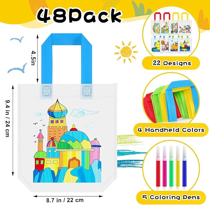 Loccmat 48 Pcs Coloring Goodie Bags for Kids,Reusable Art Party Favor Bags,Non Woven Coloring Totes,Color Your Own Bag,Graffiti Goodie Bags,Birthday Party Favor Bags (22 Styles,240 Colorful Pens)