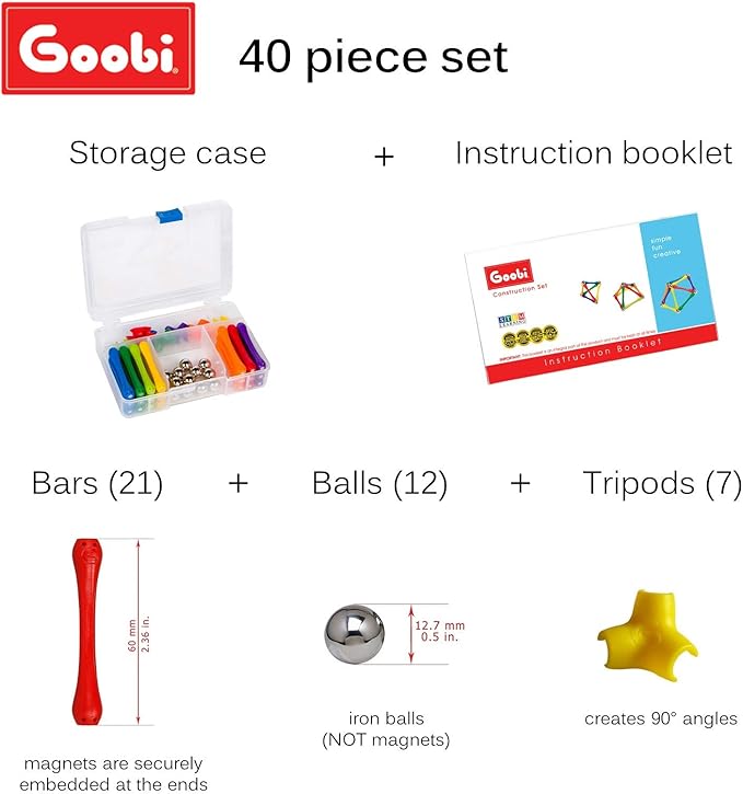 Goobi Magnetic Building Sticks Blocks Toys Magnet Construction Set Tiles Toy Montessori STEM Educational Toys for Ages 3 4 5 6 7 8 Kids (40 Pcs, 40, Pieces)