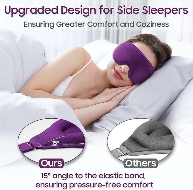 MOEASEii Sleep Mask - Total Blackout 3D Sleeping Mask, Super Lightweight & Silky Soft Eye Mask for Sleeping, Fully Adjustable Fit for Home, Office, Traveling, Meditation, Yoga, Purple