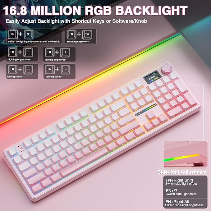 AULA F108 PRO - Wireless Mechanical Keyboard with Screen & Knob,Full Size Keyboard with 8000mAh Battery,Pre-lubed Switches,Side Printed PBT Keycaps,RGB Backlit Hot Swappable Custom Pink Keyboards