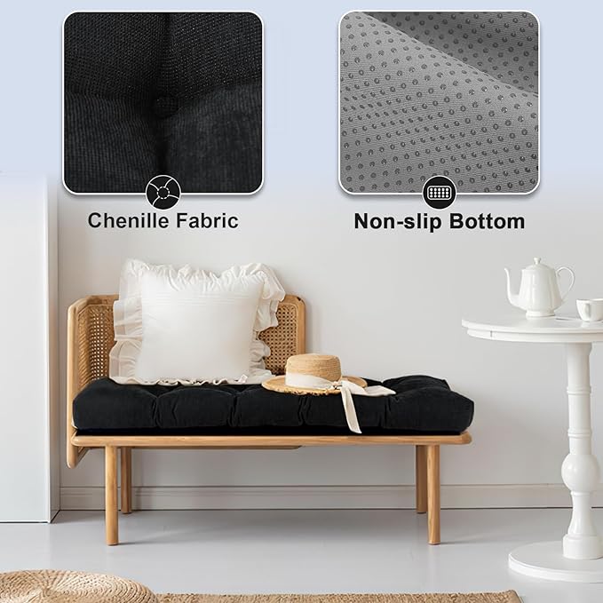 Bench Cushion 42 Inch - Chenille, High-Density Memory Foam, Non-Slip Bottom, Soft Durable Indoor Tufted Long Seat Cushion for Window Garden Furniture (Black, 42x16x4 Inch)