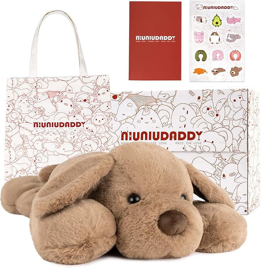 Niuniu Daddy Weighted Dog Stuffed Animals for Anxiety, 3.3lb Weighted Plush Dog Toy Pillowfort for Adults Kids Girls Boys, Large Stuffed Puppy Plush Pillow as Gift for Valentine Include Bag Sticker