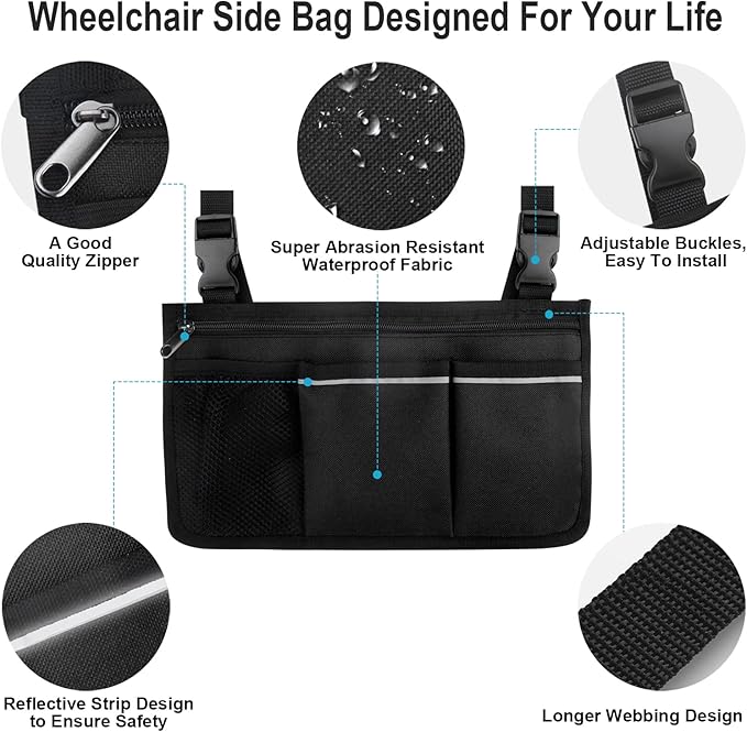 Wheelchair Side Bag, Wheelchair Armrest Storage Pouch with Cup Holder Use of Waterproof Fabric, for Most Wheelchairs, Walkers or Rollators (Black)