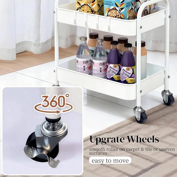 Ufriandz Under Desk Storage Cart 2 Tier Utility Rolling Cart with Wheels, Small Metal Mobile Trolley with Handle Two Tiered Utility Organizer Roller for Kitchen Office Bathroom Pantry Room, White