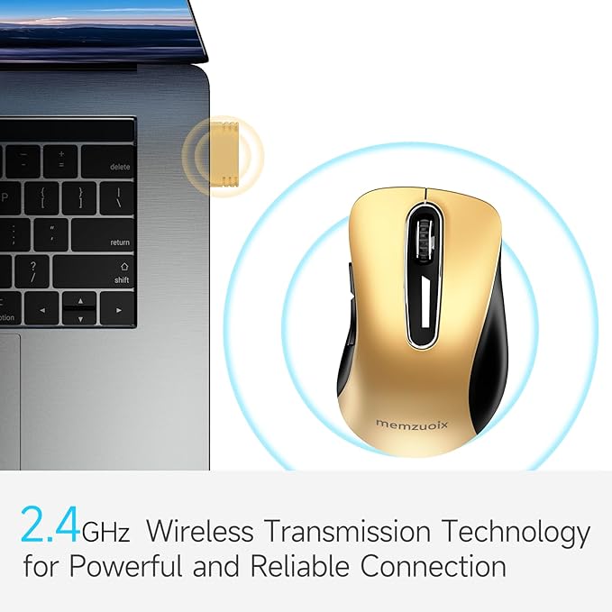 memzuoix 2.4G Wireless Mouse, 1400 DPI Mobile Optical Cordless Mouse with USB Receiver, Portable Computer Mice Wireless Mice for Laptop, PC, Desktop, MacBook, 5 Buttons (Gold)