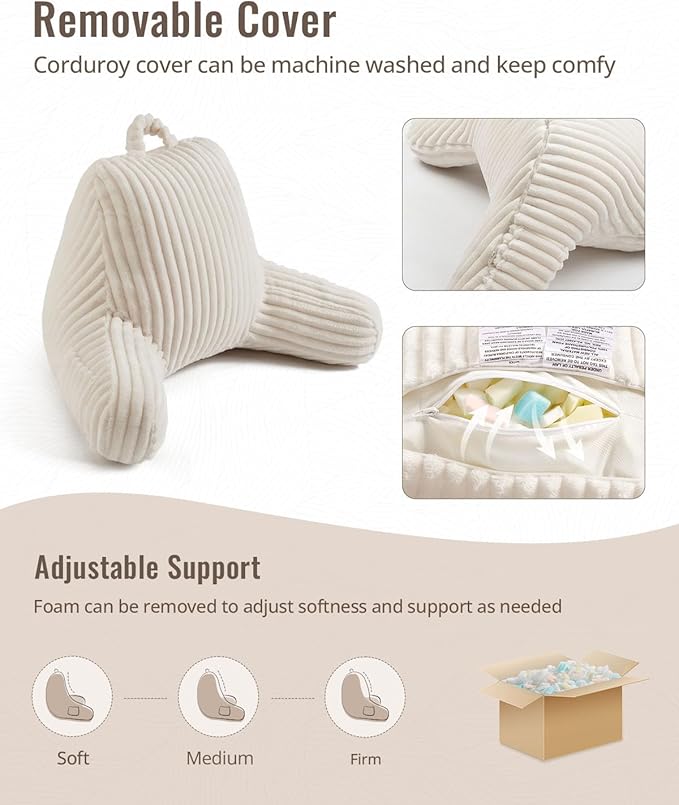 Blissful Diary Reading Pillow for Sitting in Bed, Flannel Back Pillow Bed Sitting Up for Adult & Children, Backrest Cushion for Sit Up in Couch or Floor, Dorm Essentials, Cream White