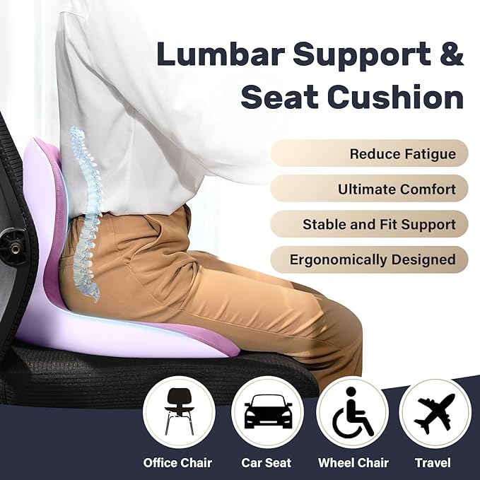 Coverado Car Seat Cushion and Lumbar Support Pillow One Piece, Memory Foam Ergonomic Back Support Driving Seat Cushion for Back Pain, Non-Slip Washable Cushion for Car, Driver, Office