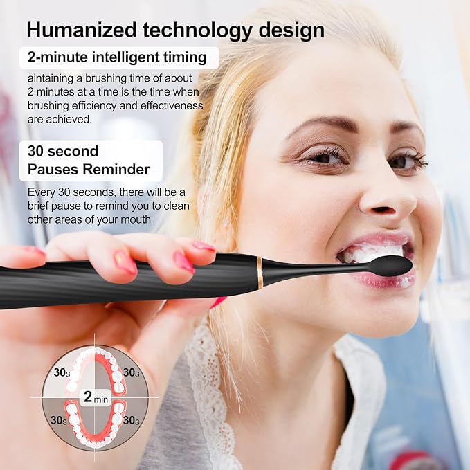 Electric Toothbrush for Adults and Kids, Sonic Electric Toothbrush, 4 Modes and 2 Minute Timer, 30000-45000VPM Power Toothbrush, IPX8, One Charge for 90 days 8 Replacement Head, Christmas Gift (Black)