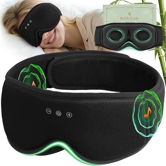 BeMyLady 3D Bamboo Cotton Sleep Mask with Bluetooth 5.4 Headphone, Music Wireless Bluetooth Blackout Eye Mask for Side Sleepers, Earphones HD Speaker Microphone for Travel, Gifts for Women Men, Black