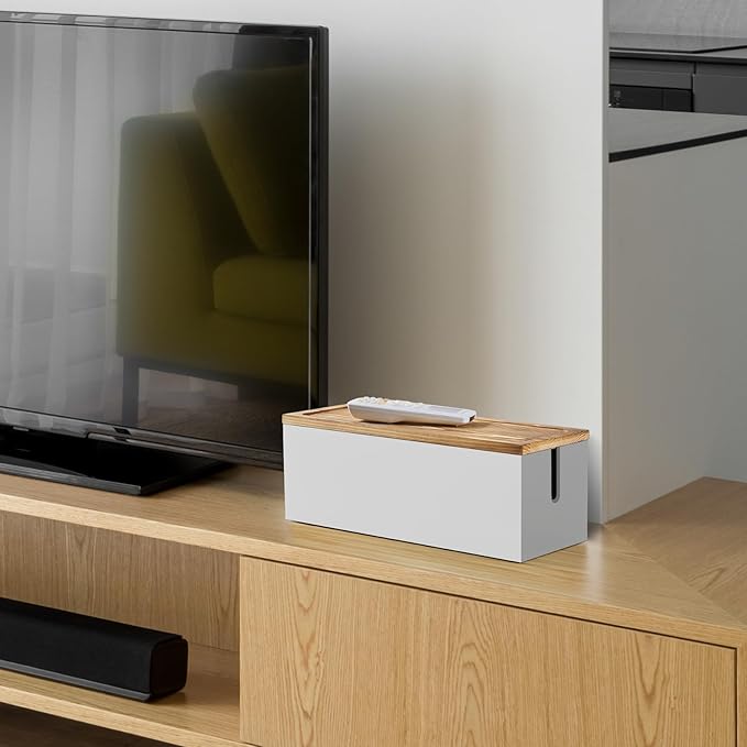 Bivvclaz Large Cable Management Box, Wooden Cord Organizer Box for Desk, Floor, Office to Hide Extension Cords Power Stripes Surge Protectors Chargers Wires, White