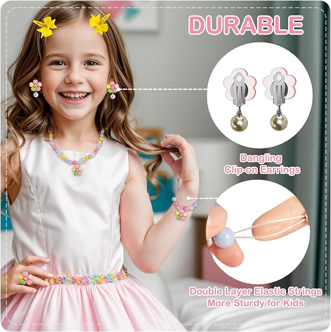 Handmade Unique Flower Pendant Kids Jewelry Set for Little Girls Toddler - Stretch Necklace Bracelets Rings Clip On Earrings - Bow Hair Clips - Birthday Party Costume Dress Up w/Gift Box Bags