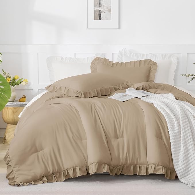 Andency Taupe King Comforter Set(104x90Inch), 3 Pieces(1 Ruffle Comforter and 2 Pillowcases) Lightweight and Fluffy Bedding Comforter Set, All Season Soft Microfiber Shabby Chic Bedding Set