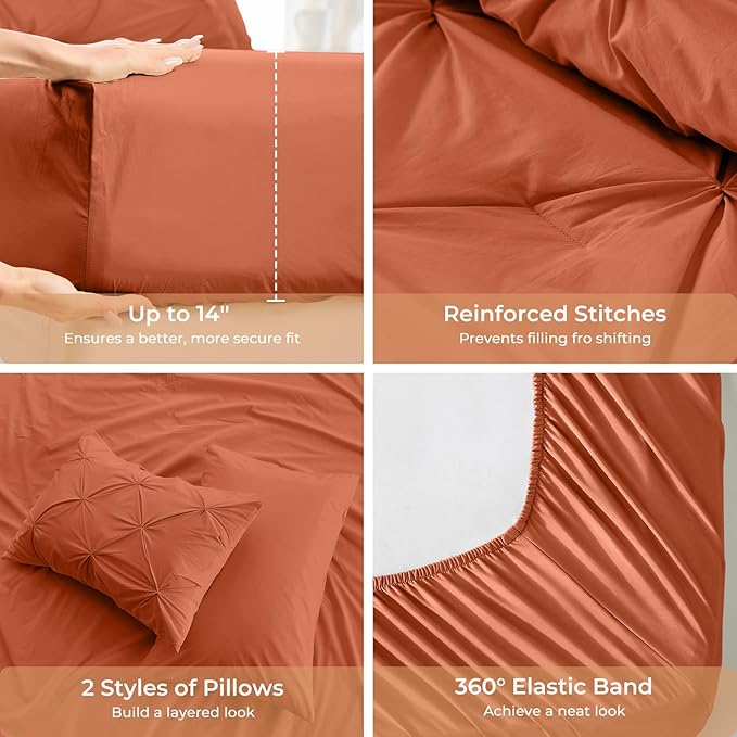 Sasttie Full Size Comforter Set, 7-Piece Bed in a Bag, Pintuck Bedding Set for All Season, Includes Comforter, Flat Sheet, Fitted Sheet, Pillowcases and Pillowshams, Burnt Orange