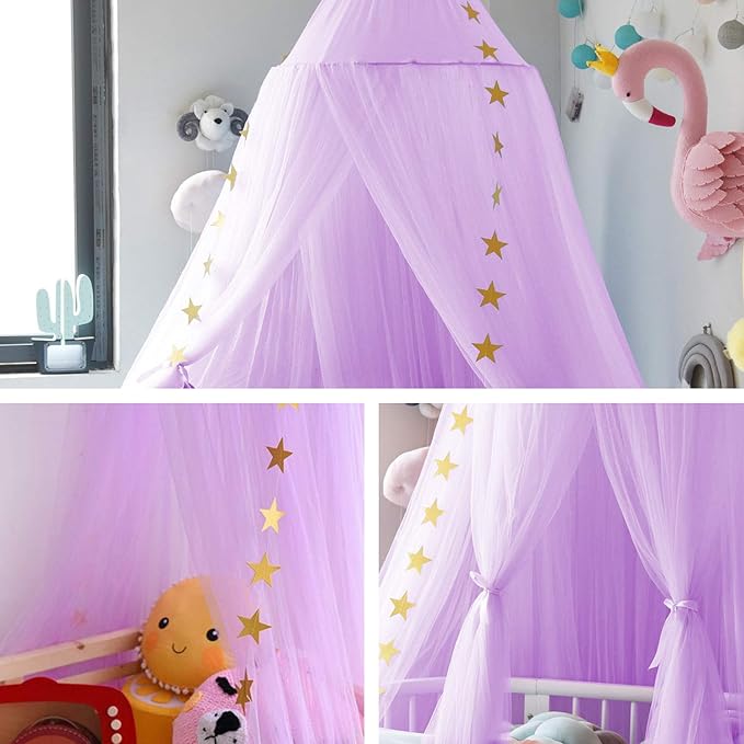 Jolitac Princess Bed Canopy for Girls Room Decor Round Lace Mosquito Net Play Tent Reading Nook Canopies Yarn Girl Dome Netting Castle (New Purple)