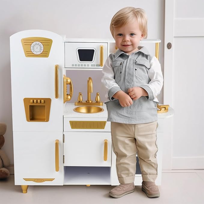 Kitchen Playset for Kids Ages 3-8, Wooden Pretend Play Kitchen for Toddlers, Including Telephone, Ice Maker, Refrigerator, Dimensions: 35” H x 31” W x 12” D (White)