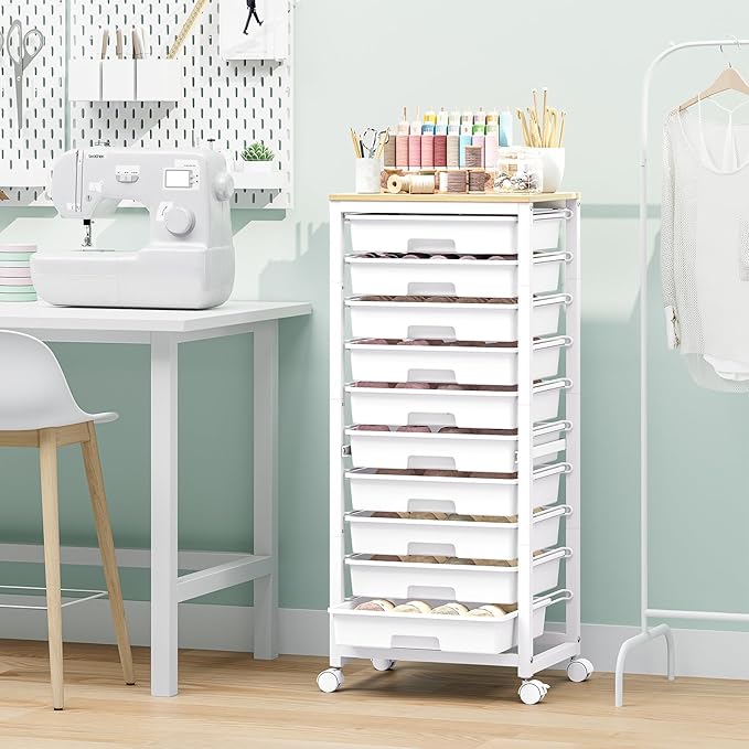 Rolling Cart with Drawers,10 Drawer Rolling Cart,Rolling storage cart with drawers,White Rolling Drawer Cart,Teacher Rolling Cart for Classroom Storage,Craft Cart with Wooden Tabletop