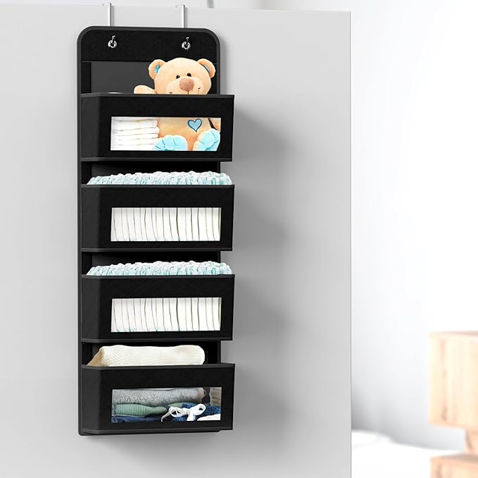 Simple Houseware 4 Clear Window Pocket Over Closet Door Storage Hanging Organizer for Bedroom, Bathroom, Pantry, Black
