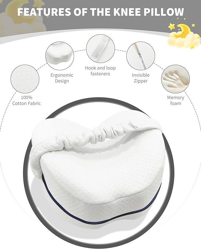 SPRING SEAON Knee Support Pillow for Side Sleepers – Deep Contour Memory Foam Leg Pillow with Adjustable Strap for Sciatica, Hip, Back & Knee Pain Relief – Breathable, Washable Cover, White