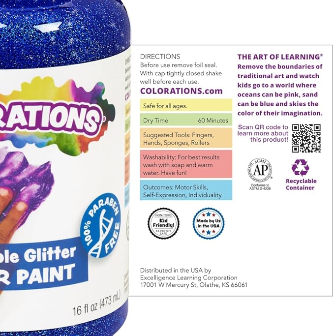 Colorations® Blue Washable Glitter Finger Paint, 16oz, Paint, Washable Finger Paint, Washable Finger Paint For Younger Kids & Toddlers, Non-Toxic and Washable, Great Sensory Paint Experience