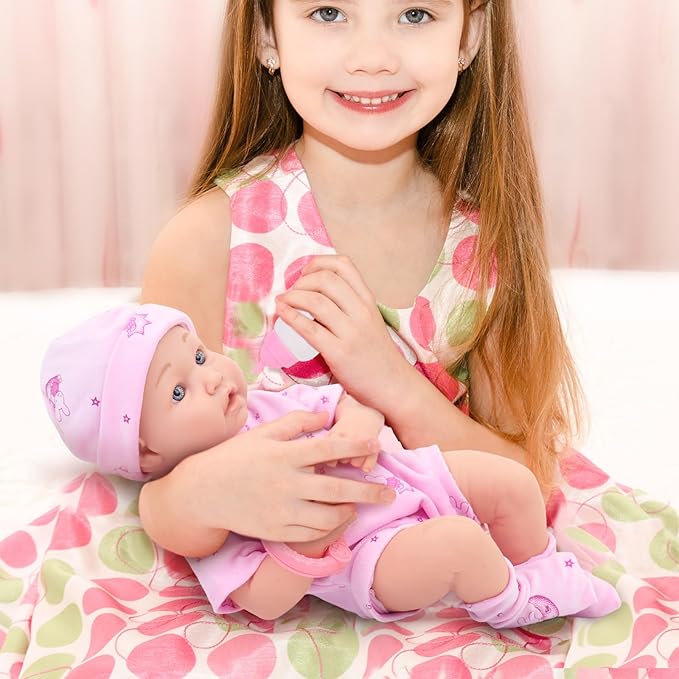 14 Inch Baby Doll with Clothes and Accessories Set, 12 Pcs Baby Doll Reborn Clothes and Accessories Include Alive Doll Clothes,Hat,Soft Doll Shoes and Socks,Ringing Toy,Bracelet,Feeding Bottle