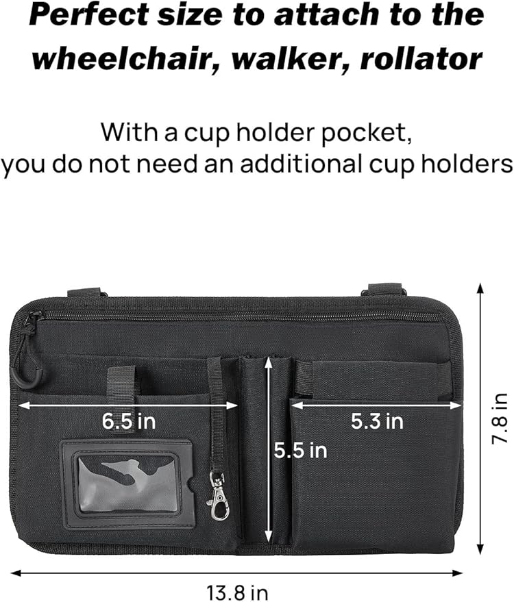JOYTUTUS Wheelchair Side Bag, Upgraded Walker Pouch Bag with Cup Holder, Wheelchair Armrest Accessories for Walker, Rollator, Electric Scooter Wheelchairs, Ideal Gift for Seniors, Black