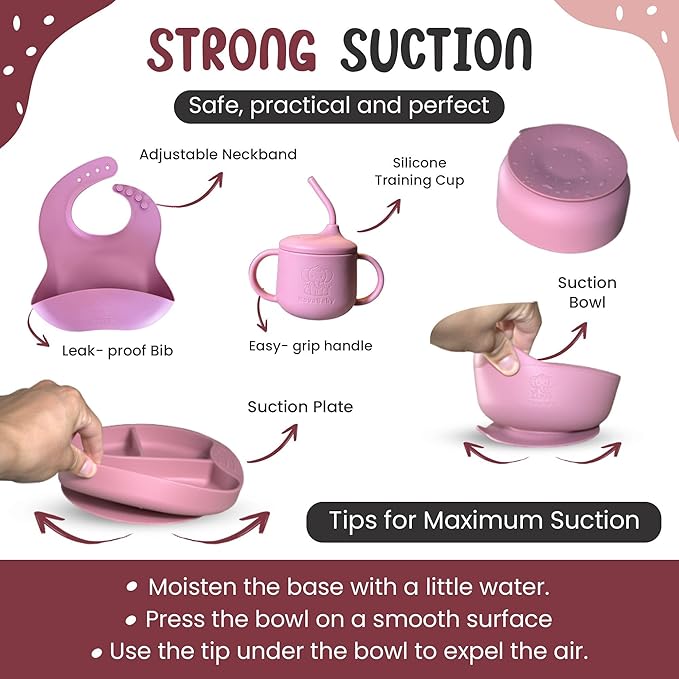 Silicone Baby Feeding Set, Eating Utensils with Suction Plate and Bowl, Baby Led Weaning Supplies, Toddler Self Feeding Dish Set with Waterproof Full Sleeve Bib, Spoon, 10pcs (Pink)