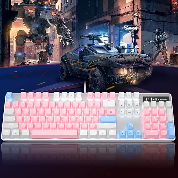 MageGee Mechanical Gaming Keyboard, New Upgraded Blue Switch 104 Keys White Backlit Keyboards, USB Wired Mechanical Computer Keyboard for Laptop, Desktop, PC Gamers(White & Pink)